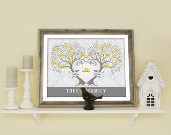 Large Family Tree, Personalized Genealogy Tree for Parents, Grandparent Gift, Gift for Mom, Love Bird Family, Gray and Yellow