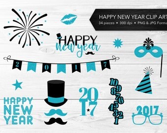 New Year Clip Art -- Black & Blue Glitter, Aqua, Turquoise, Teal, Happy 2017, Masquerade, New Year's Eve, Commercial Use, Instant Download