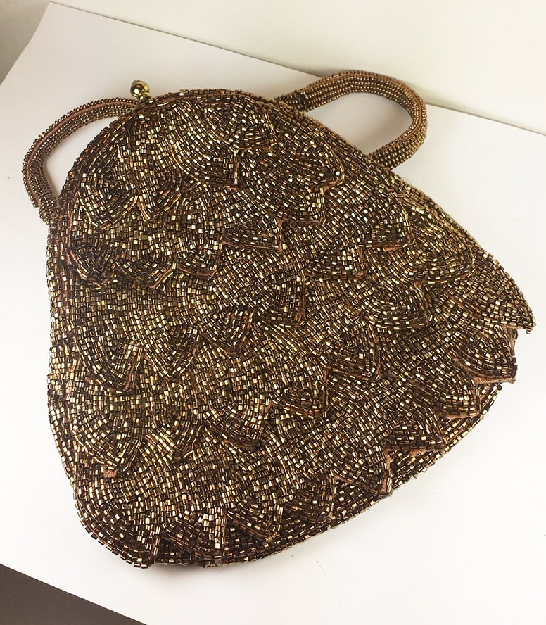 Vintage Beaded Richere Purse in Copper with Rhinestone