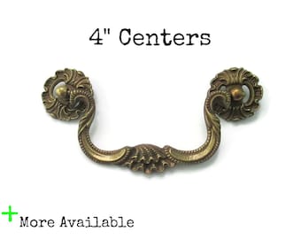 Vintage Ornate drawer pulls - 4" centers bail pulls or handles - brass metal RARE SIZE - More available