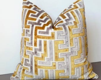 Geometric Velvet Pillow, Cut Velvet, Gold Grey Designer Pillow, High End Pillow, Luxury Pillow, Abstract, Greek Key, Modern Pillow Cover