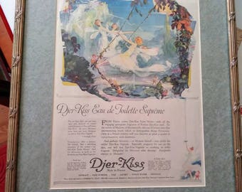 Vintage Framed 1917s Willy Pogany Djer Kiss Perfume Ad Free Shipping!