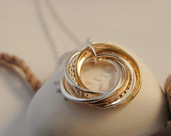 7 Rings Necklace, Interlocking Rings, 70th Birthday Necklace, Mixed Metals Silver & Gold, Grandmothers Necklace Jewelry