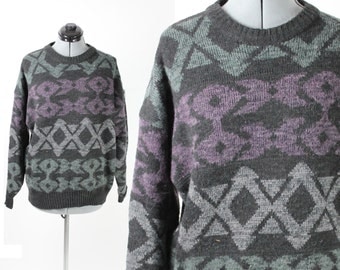 Vintage Retro Aztec Tribal Southwest Patterned Oversized Boyfriend Sweater Large