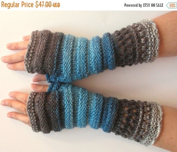Fingerless Gloves Gray Black White Blue Arm Warmers by Initasworks
