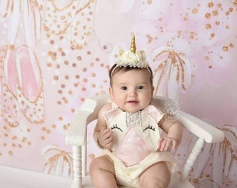 Unicorn themed romper with headband. Newborn-up to 2t photo prop/cake smash set.