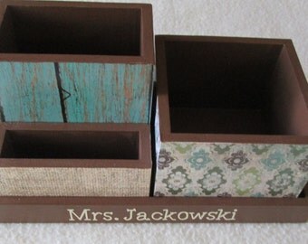Personalized Desk Organizer - Office or Home Organizer - Pencil Holder Set - Wood Fence, Burlap - Dragonfly- Gift