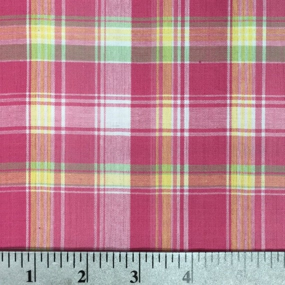 Pink Madras Fabric by the yard , 100% cotton , yellow and white stripes ...