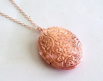 Rose Gold Floral Locket, Rose Gold Filled Locket Necklace, Mother's Day Gift for Her. Rose Gold Filled Chain, Photo Locket, Rose Gold Locket