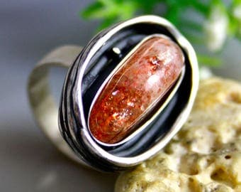 Sunstone Heliolite Stone Ring Sterling Silver Jewelry