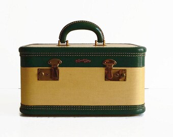 vintage train makeup case luggage with key 1950s suitcase travel