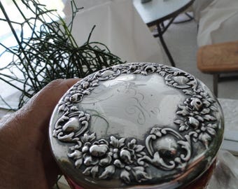 C740) Antique Pink Glass with Sterling Silver Top Dresser Jar