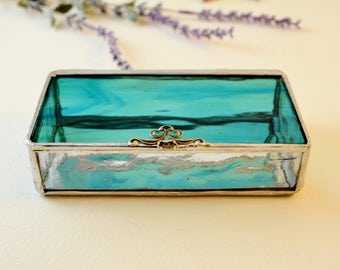 Light Teal Aqua Blue Glass Box, Glass Display Box, Glass Jewelry Box, Wedding Display Box, Jewelry Box, Bridesmaid Gift
