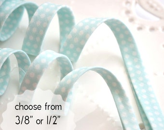 white polka dots on mint - double fold, bias tape - 3 yards, CHOOSE 3/8" or 1/2" wide