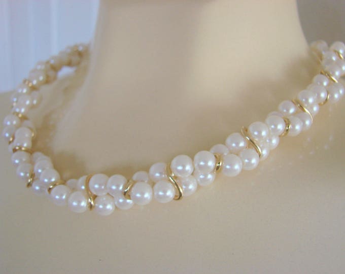 Vintage Trifari Faux Pearl Goldtone Rope Twist Necklace Designer Signed Jewelry Jewellery