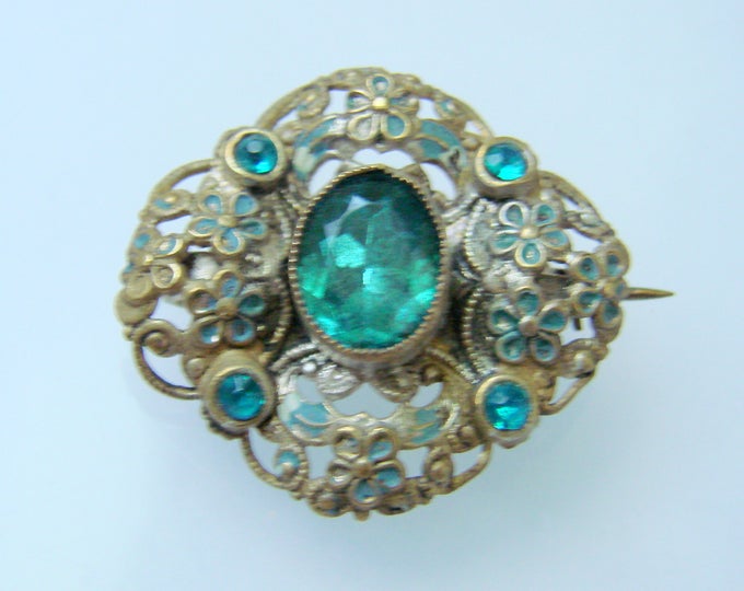 Victorian Aquamarine Paste Enamel Brooch / Goldtone Floral Accent / Vintage Jewelry / Jewellery