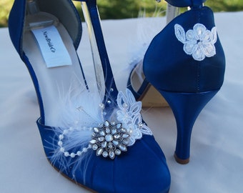 Navy Blue Wedding Shoes Vintage style, Brides Something Blue, Satin Rounded Toe,Closed Toe,D'Orsay Style T Strap,Old Hollywood,Great Gatsby