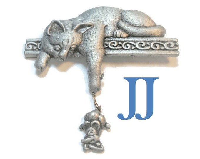 FREE SHIPPING JJ pewter brooch bored cat on shelf playing with an indignant mouse, pewter signed, Jonette jewelry company, kitty kitten, pin