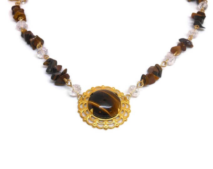 FREE SHIPPING Tiger's Eye necklace, Swarovski crystals, tiger's eye cabochon ornate frame focal, gold plated wire wrapped beads findings