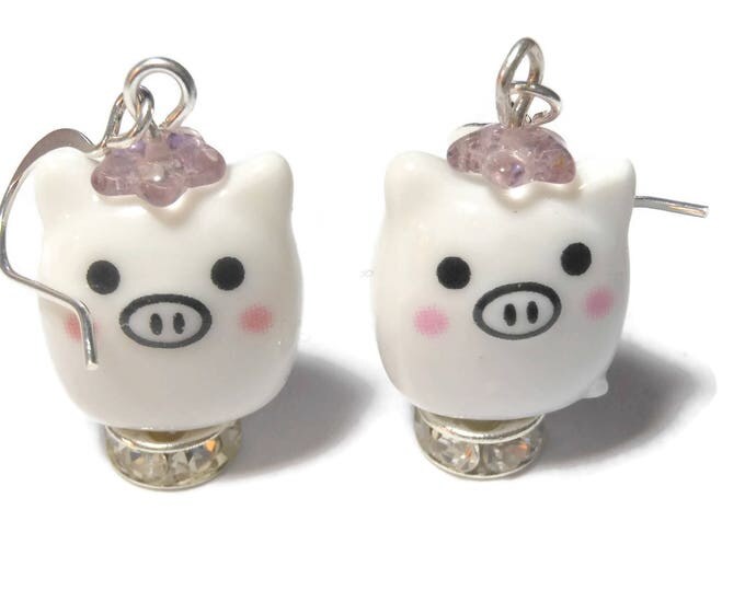 FREE SHIPPING Kawaii pig earrings, porcelain beads, Swarovski crystal Czech pressed glass, silver plated pink black, hat collar piggie