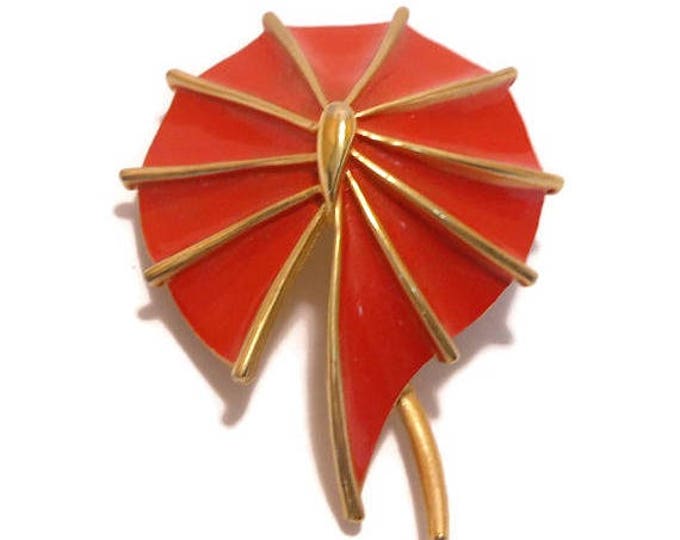 SALE Red and gold brooch, enamel red flower, leaf or fan, gold tone stem, very pretty mystery pin, any guesses?