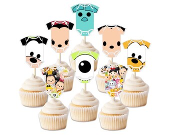 tsum tsum onesie cupcake toppers and tags, DIY printable toppers, tsum tsum babyshower topper, disney party, tsum tsum, baby shower topper