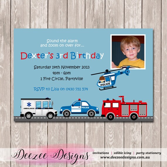 Fire Rescue Police Ambulance Photo Personalised Birthday Invitation - YOU PRINT Il_570xn