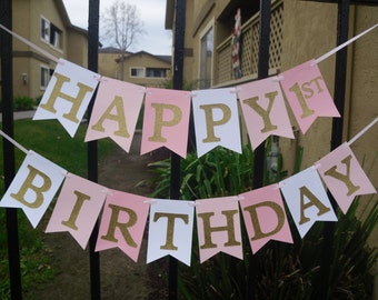 Gold, White, Pink Ombre Happy Birthday Banner - Personalized Banner, Princess Birthday Banner, Customize With Name