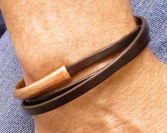 Mens Leather Wrap Bracelet, Mens Copper Bracelet, Mens Brown Leather Bracelet, Leather Jewelry, Triple Wrap Bracelet, Copper Cuff Bracelet
