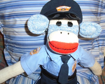 Policeman/Police Officer Classic Blue Denim Sock Monkey Doll