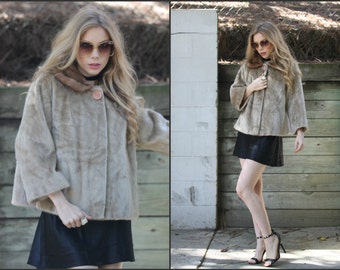 Vintage 70s Faux Fur Coat Jacket shawl collar XS S M camel