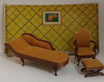 Vintage Wood Upholstered Dollhouse Furniture -- Traditional Gold Velvet Living Room / Parlor Chaise, Chair and Ottoman, May Be Sonia Messer