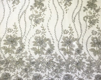 silver bead lace fabric, heavy beading lace fabric, bridal lace fabric with beading embroidery, by the yard