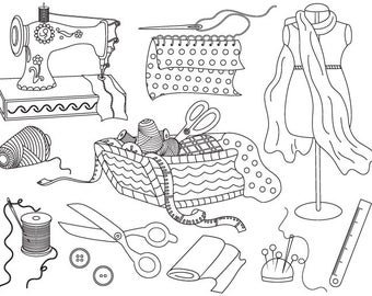 Sewing Clipart - Digital Vector Sewing Machine, Threads, Scissors, Dummy, Fabric Clip Art