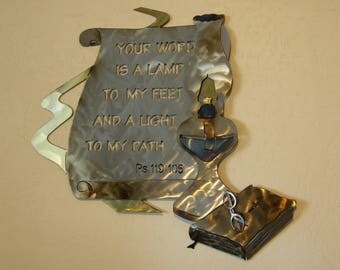Christian Metal Wall Sculpture of Oil Lamp with Scripture from Psalm 119