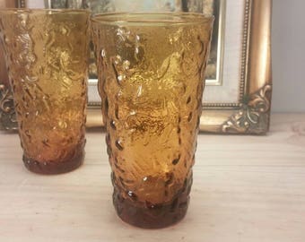 Amber Glass Tortoise Shell Style Vintage Pair of Drinking Glasses Anchor Hocking Libbey