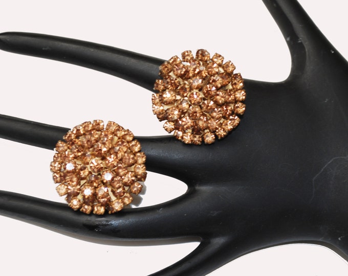 Weiss Rhinestone Earrings - Brown Orange Crystal - Gold tone - domed Round - clip on earrings