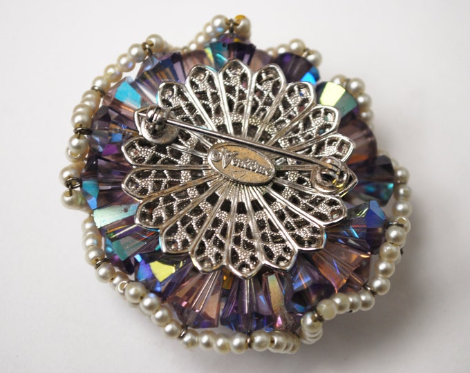 Vendome Brooch - Purple Crystal Rhinestone - faux pearl seed Bead - signed - Floral Atomic - Aurora borealis - Cluster bead pin