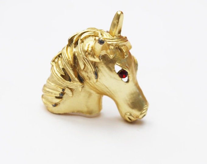 Gold Horse Head Brooch - Red rhinestone eye - Figurine - Equestrian pin