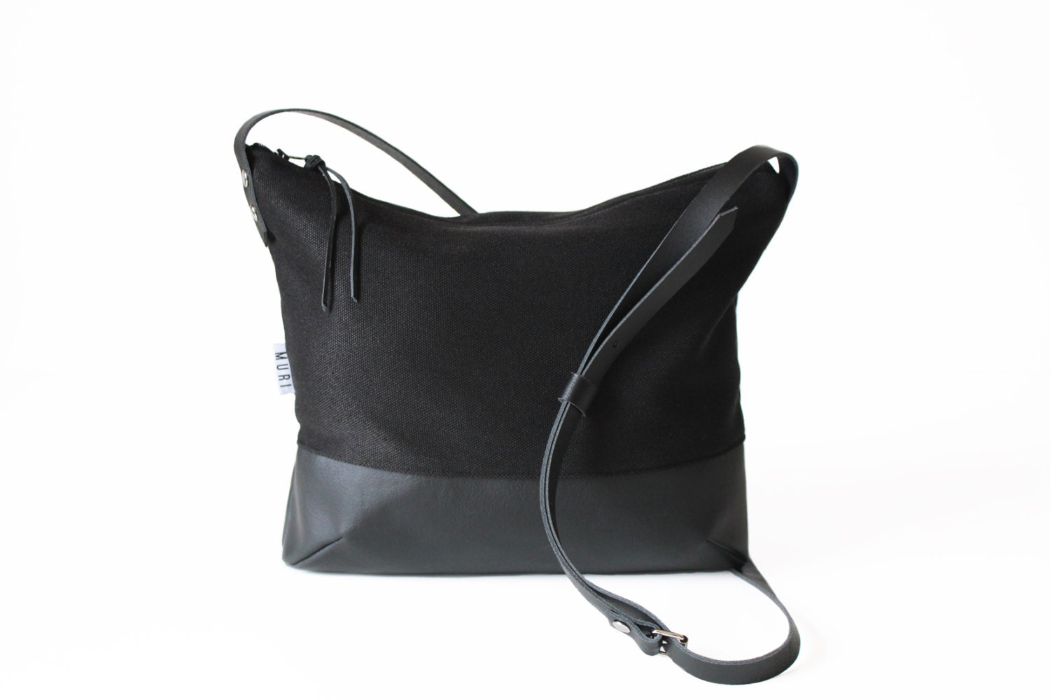 Black canvas bag crossbody purse leather strap handmade