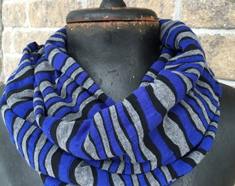 Infinity loop scarf blue grey black stripe jersey knit handmade in Montreal fashion accessory