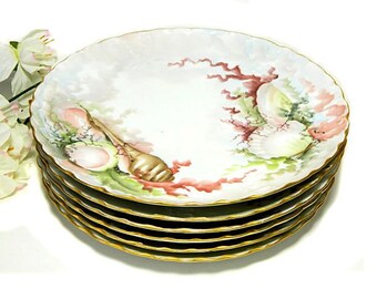 Six Antique Haviland Limoges Hand Painted Luncheon Plates Seashells