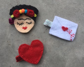 Frida Kahlo hand stitched hair clip trio