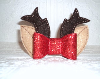 Reindeer Barrette - Deer Ear Clips - Antler Hair Bow - Christmas Hair Bow - Christmas Photo Prop - Xmas Felt Clip - Reindeer Ears - Novelty