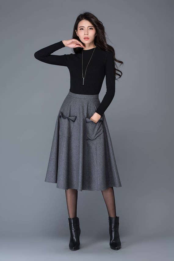 Dark gray skirt midi skirt pocket skirt winter wool skirt