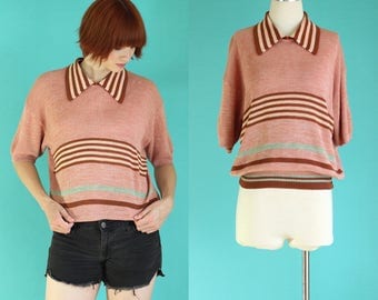 Vintage 70s Sweater - Summer Sweater - Striped Sweater - Short Sleeve Sweater - Oversized Salmon Pink and Rust Sweater - Size Large / XL