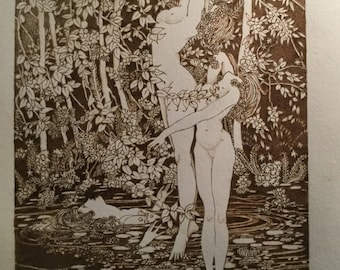 Ladies in the pond, Woodburn, pyrography, ladies, pond, illustration, artwork,