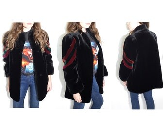 Vintage 70s 80s black faux fur coat jacket colorblock fur coat
