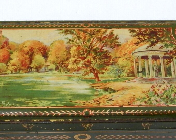 Antique French Rectangular Cookie Metal Tin with a Classical Watercolor Style illustration, Candy, Sweet Box, French Country Decor, Chateau