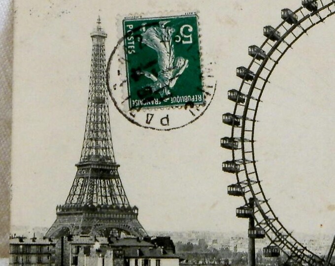 Rare Antique French Black and White Postcard Eiffel Tower and the Big Wheel 1911 Paris, French Decor, Shabby, Chateau, Decor, Parisian